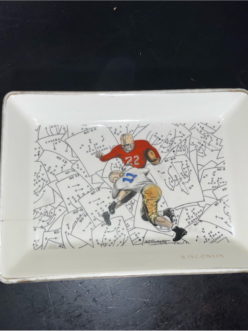 Vintage WB Ricketts Hand-Painted Football  Players Ceramic Ashtray-Catchall Tray